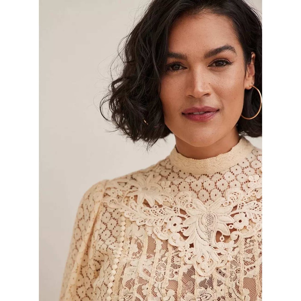 Torrid Mixed Lace High Neck Long Sleeve Blouse Beige Cream 2 2X Victorian - Picture 2 of 10